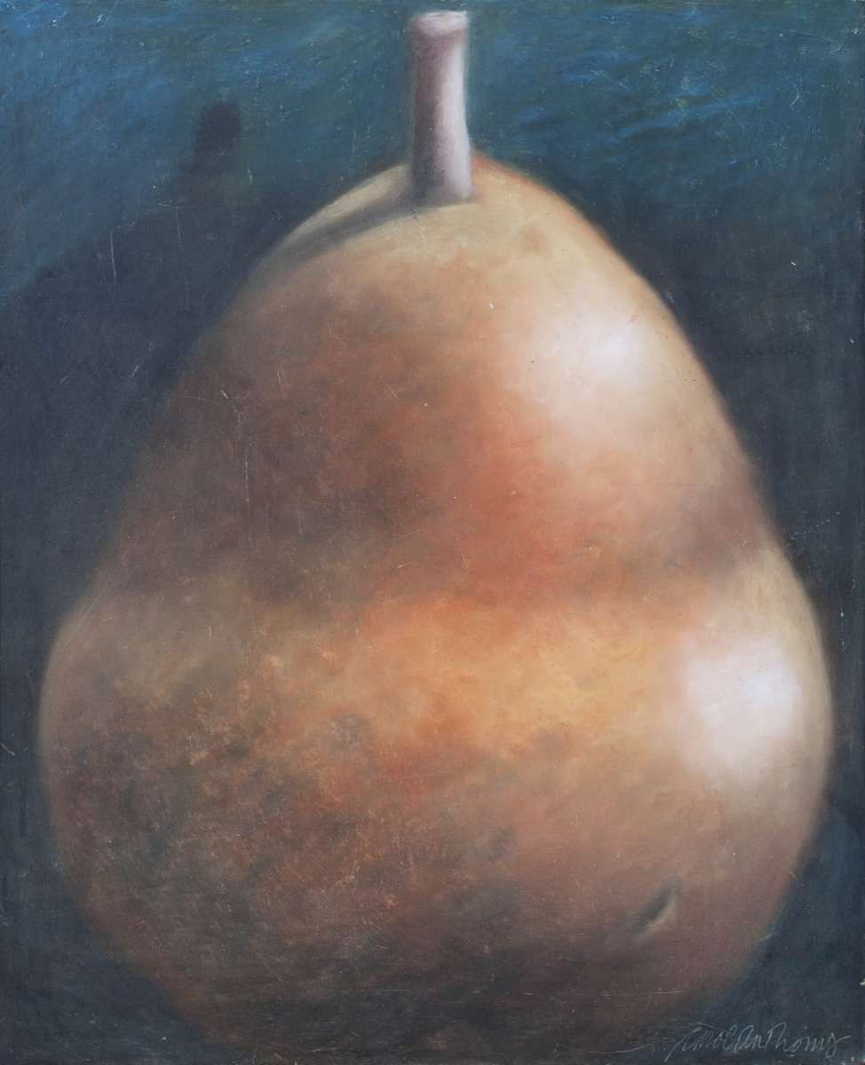 Oil pastel painting of golden pear by Carol Anthony