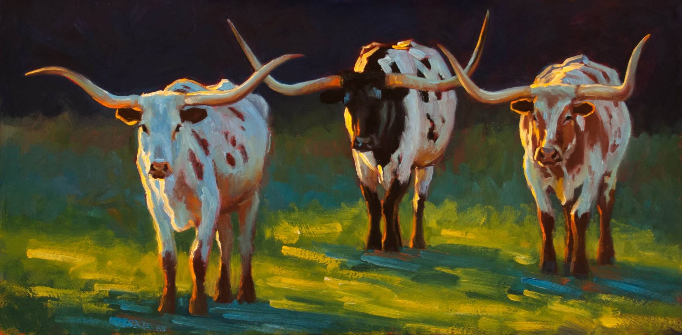 Crossed Paths painting of three longhorns by Cheri Christensen
