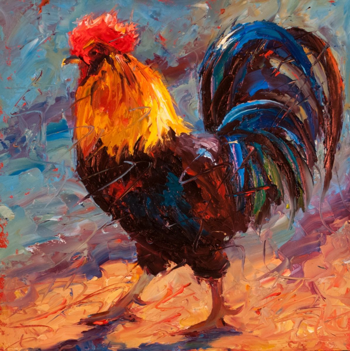 Walk on By painting of a rooster by Cheri Christensen