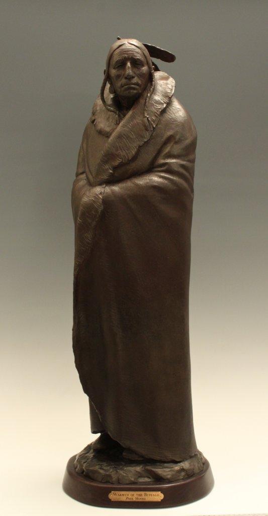 Bronze sculpture of Native American elder in buffalo coat by Paul Moore