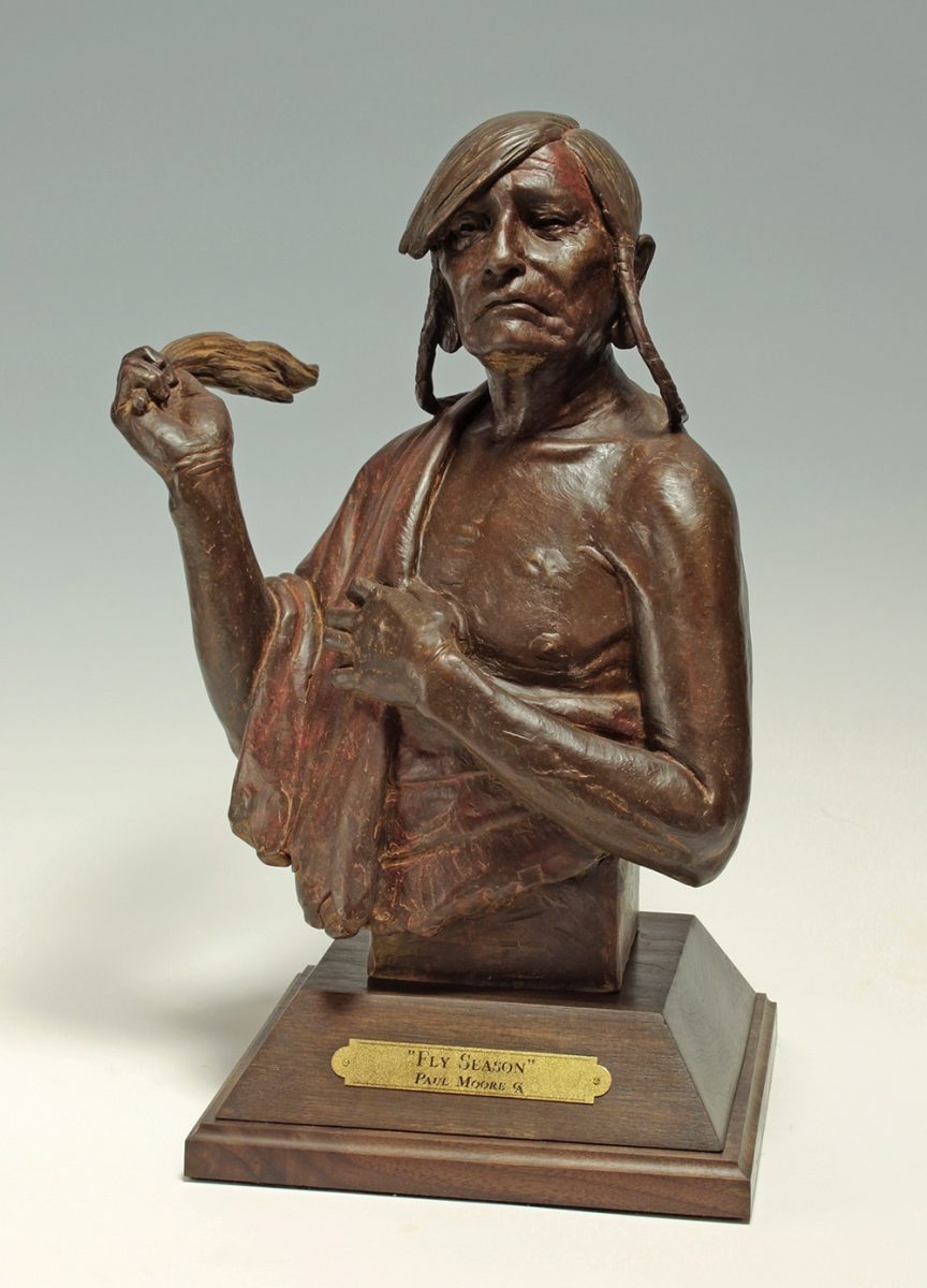 Bronze sculpture of Native American whipping flies away by Paul Moore