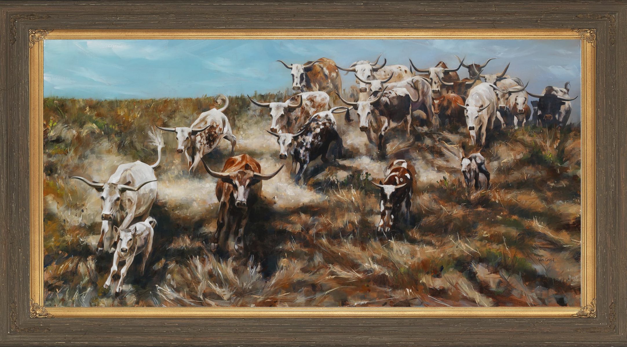 Hill of Horns painting of longhorn drive by artist Paul Van Ginkel