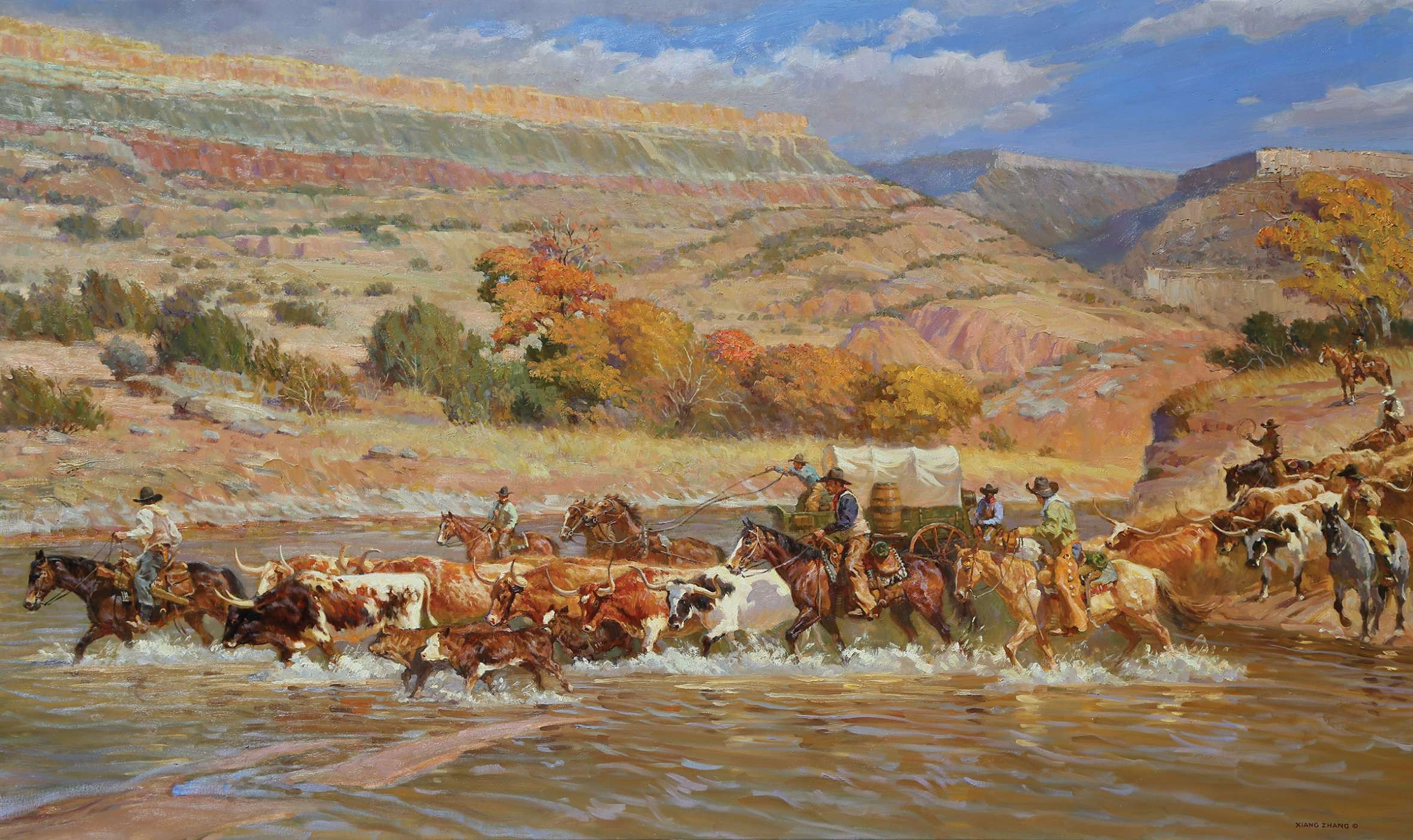 Western Oil Painting of Palo Duro cattle drive by Xiang Zhang