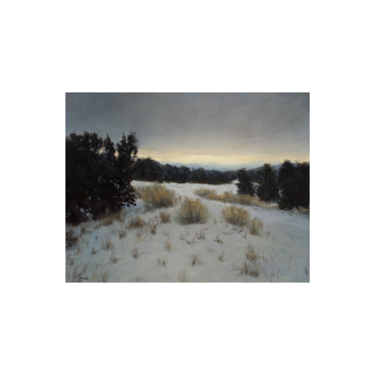 Last Light snow landscape painting by Peter Hagen