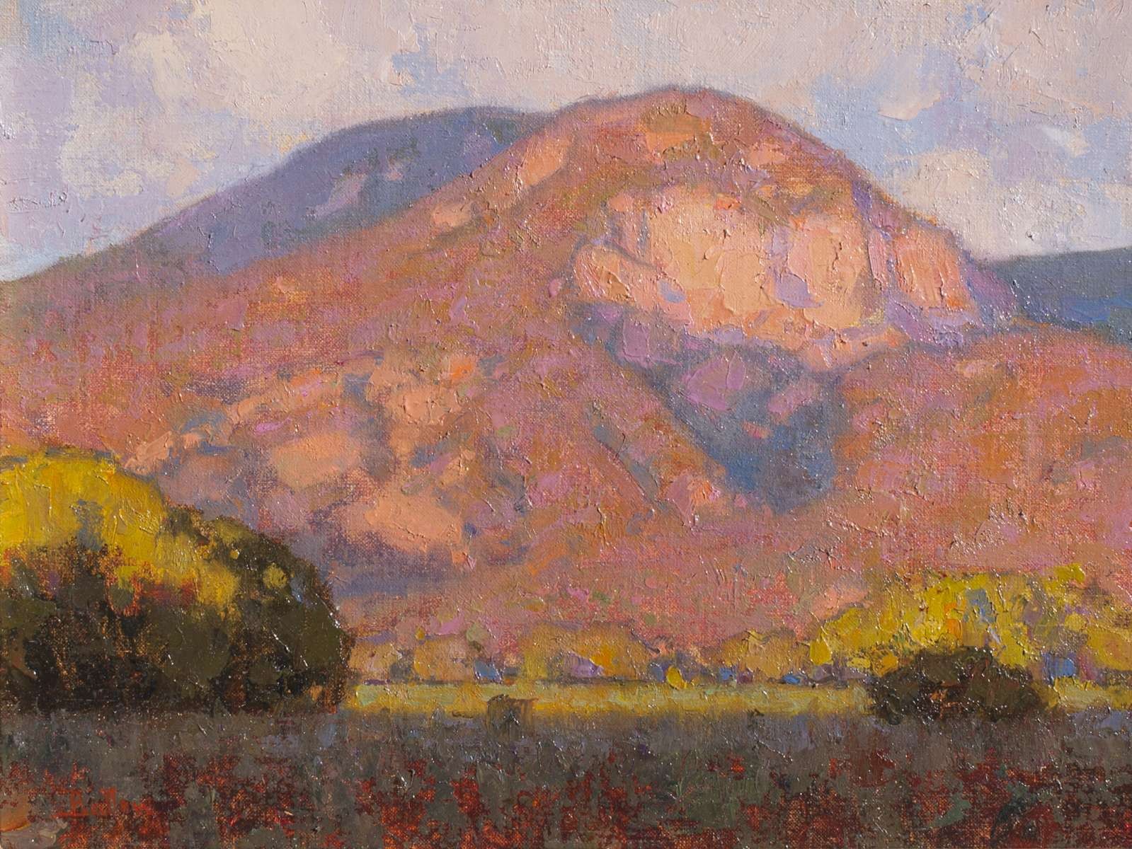 Oil painting of alpenglow on Taos Mountain in New Mexico by David Ballew