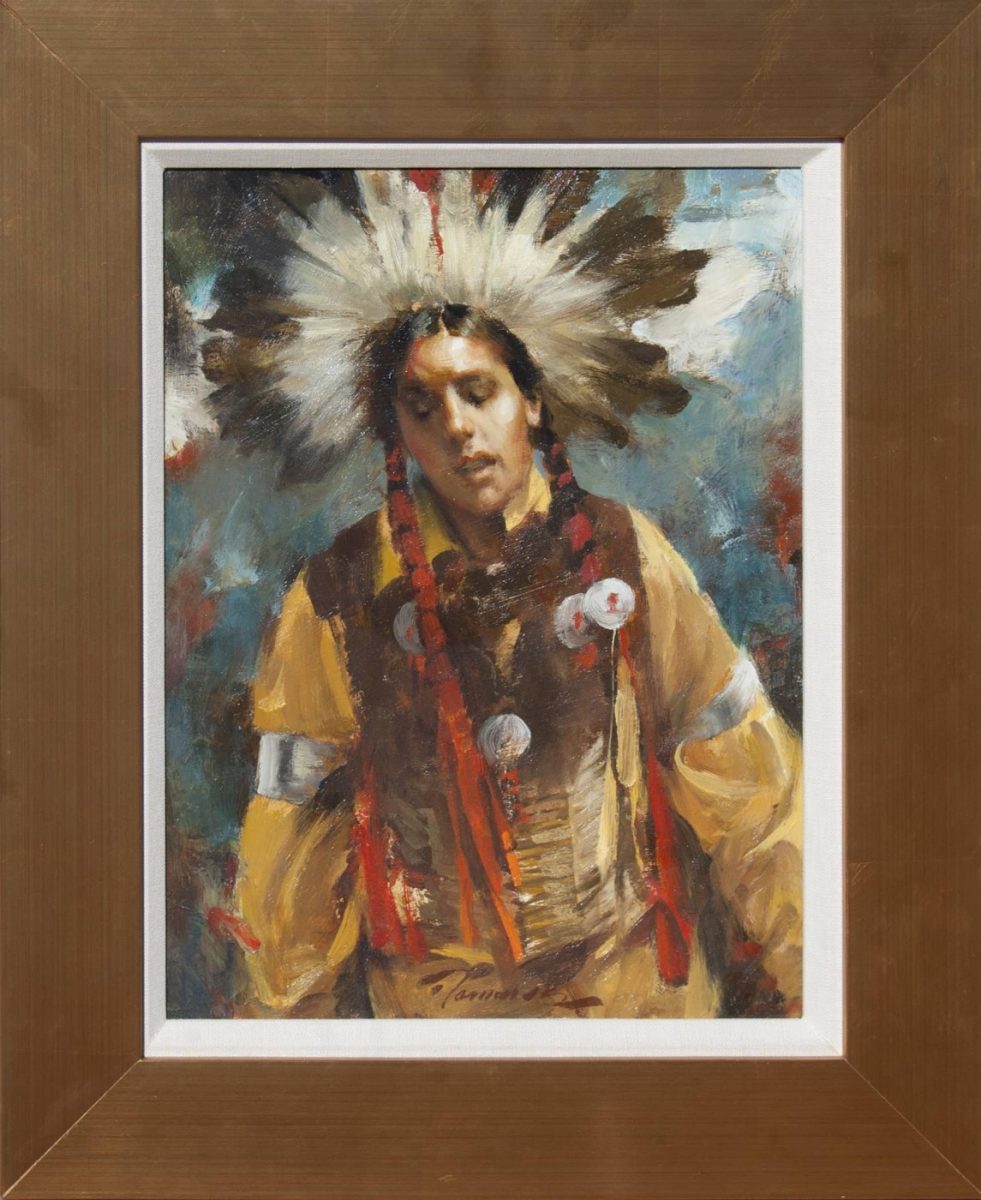 painting of a Sioux man chanting by artist Ramon Kelley