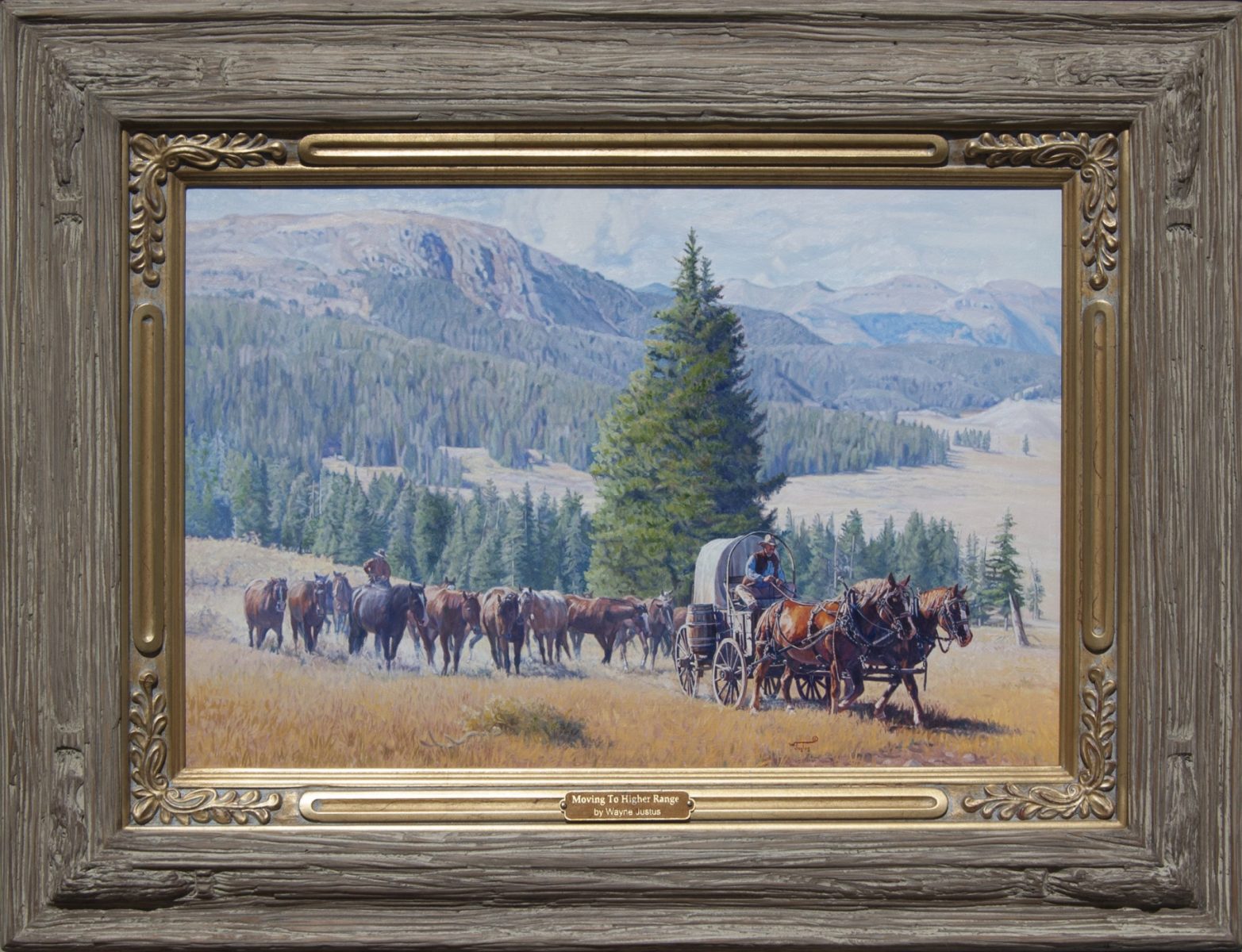 Painting of a covered wagon procession by artist Wayne Justus