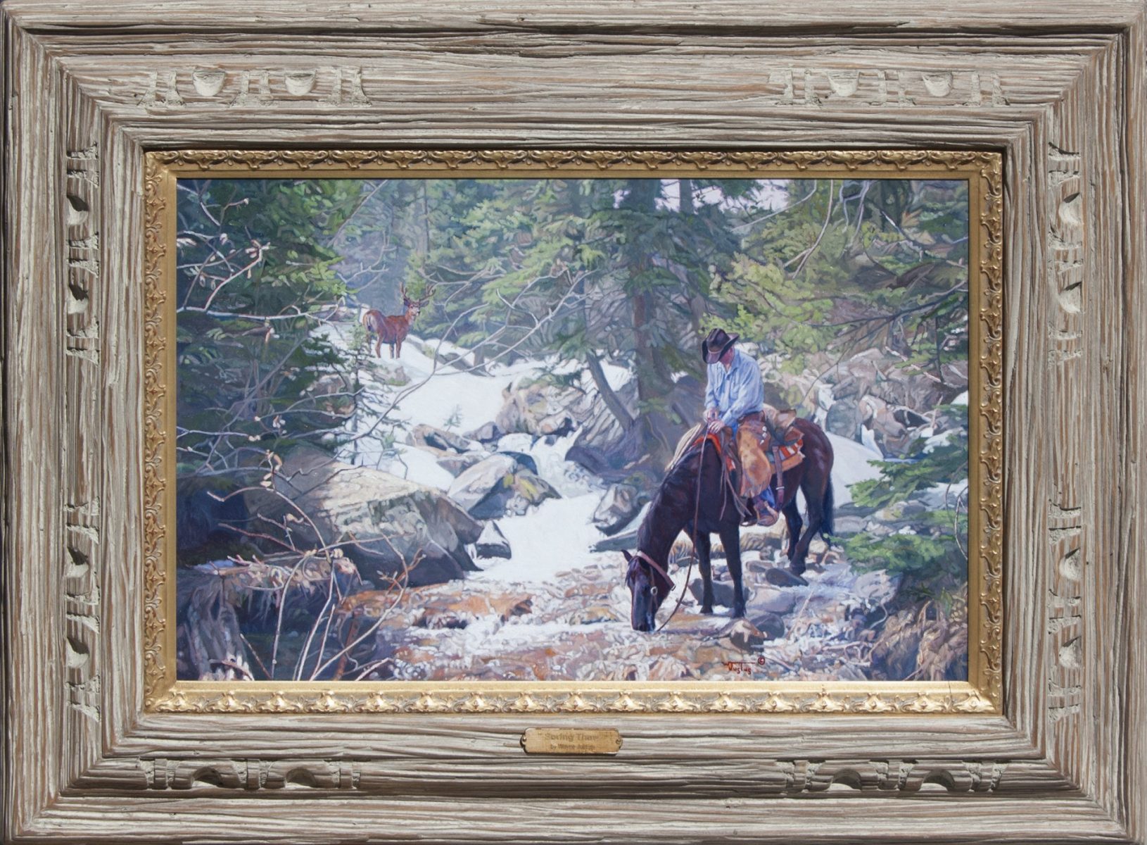 Spring Thaw painting of cowboy and horse by river by artist Wayne Justus