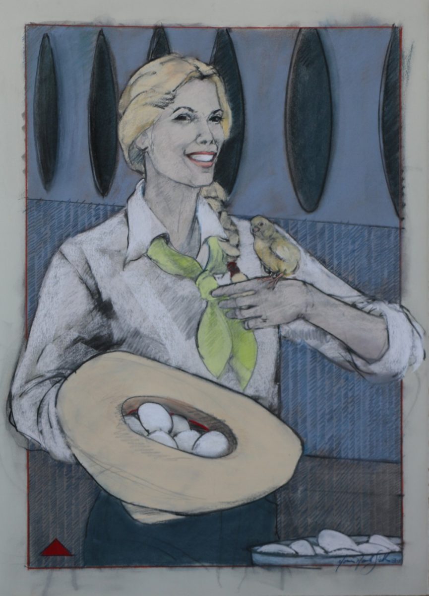 Woman holding eggs in her hat by Donna Howell-Sickles
