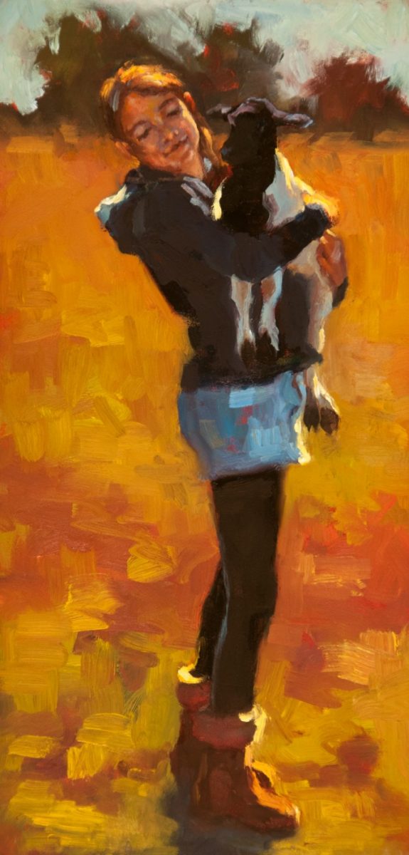 Oil painting of girl holding lamb by Cheri Christensen