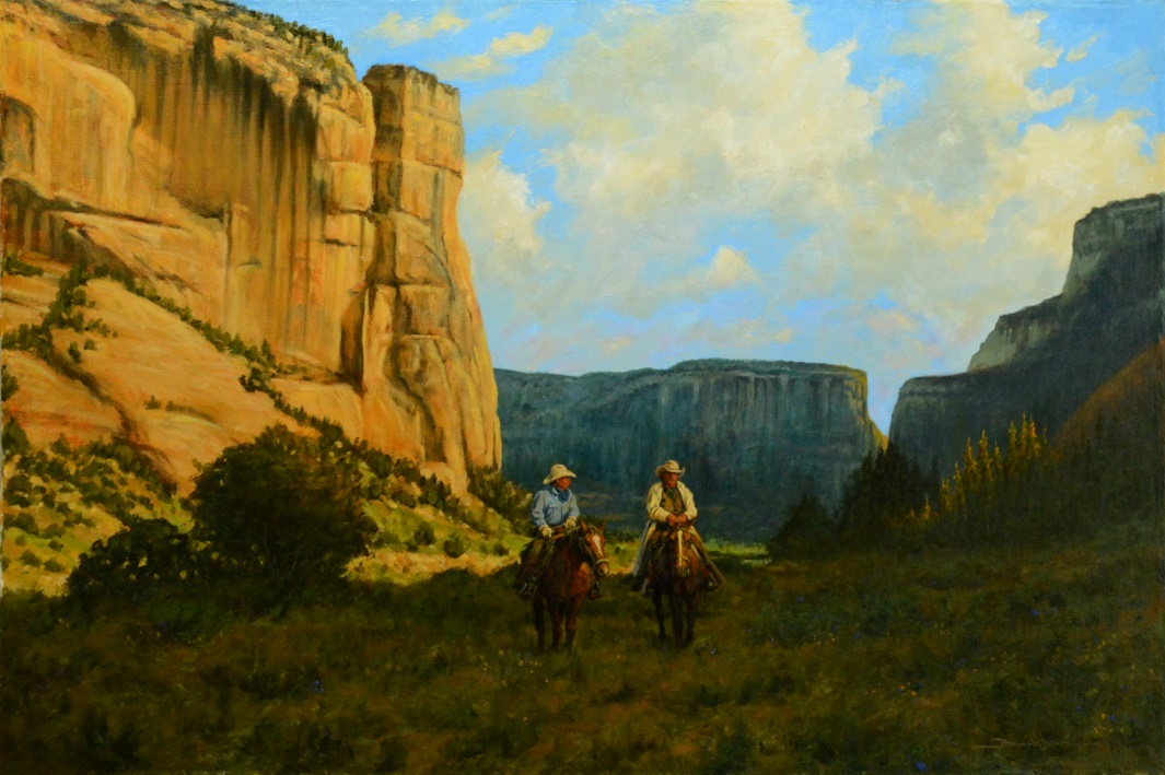 Oil painting of two cowboys in canyon on horseback by Dan Bodelson