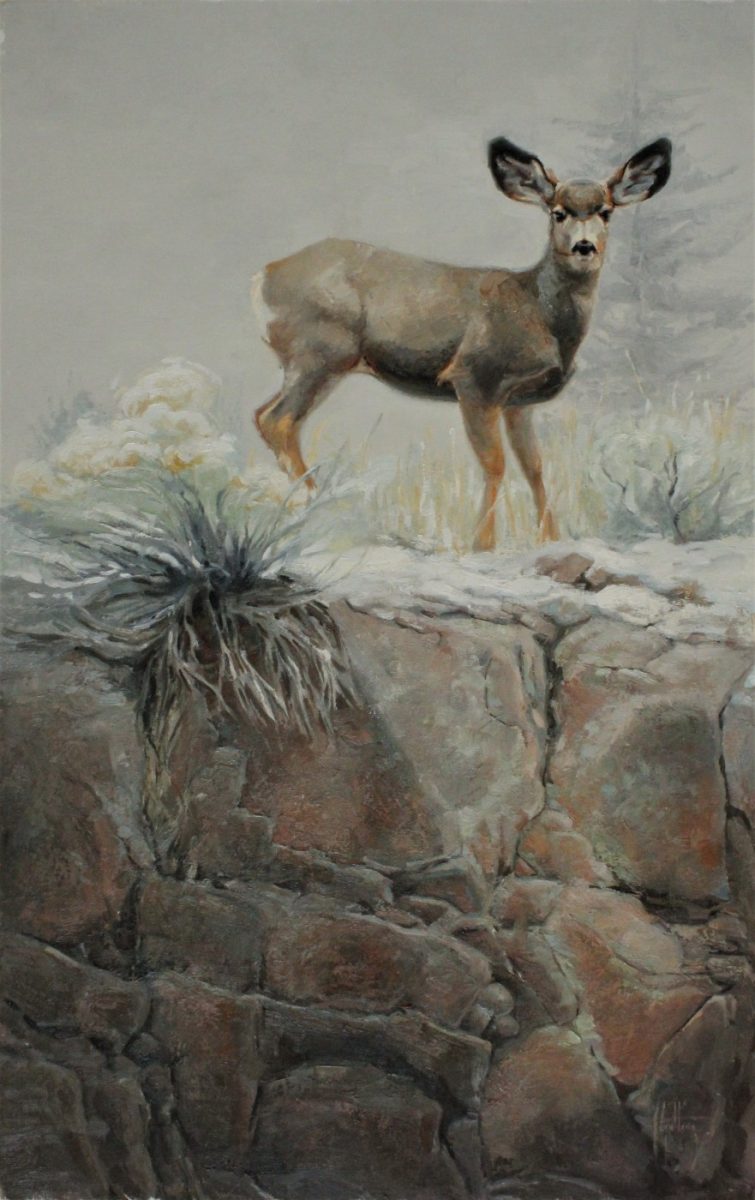 Oil painting of deer on ledge by Abigail Gutting