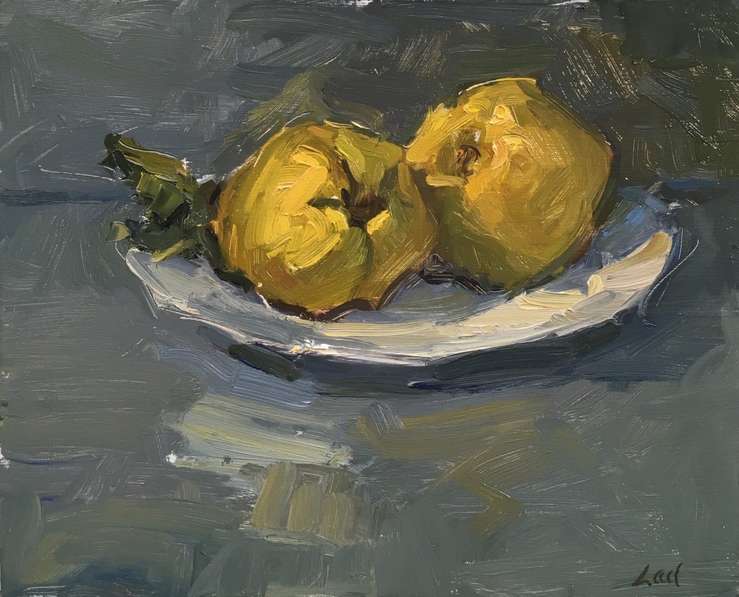 Still life of two quince on plate by Lael Weyenberg