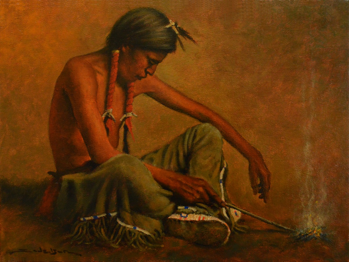 Oil painting of Native American in prayer by Dan Bodelson