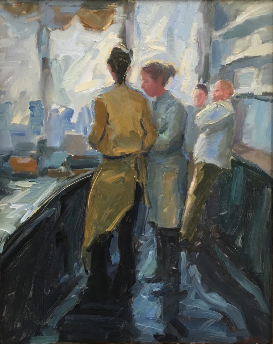Oil painting of kitchen staff by Lael Weyenberg