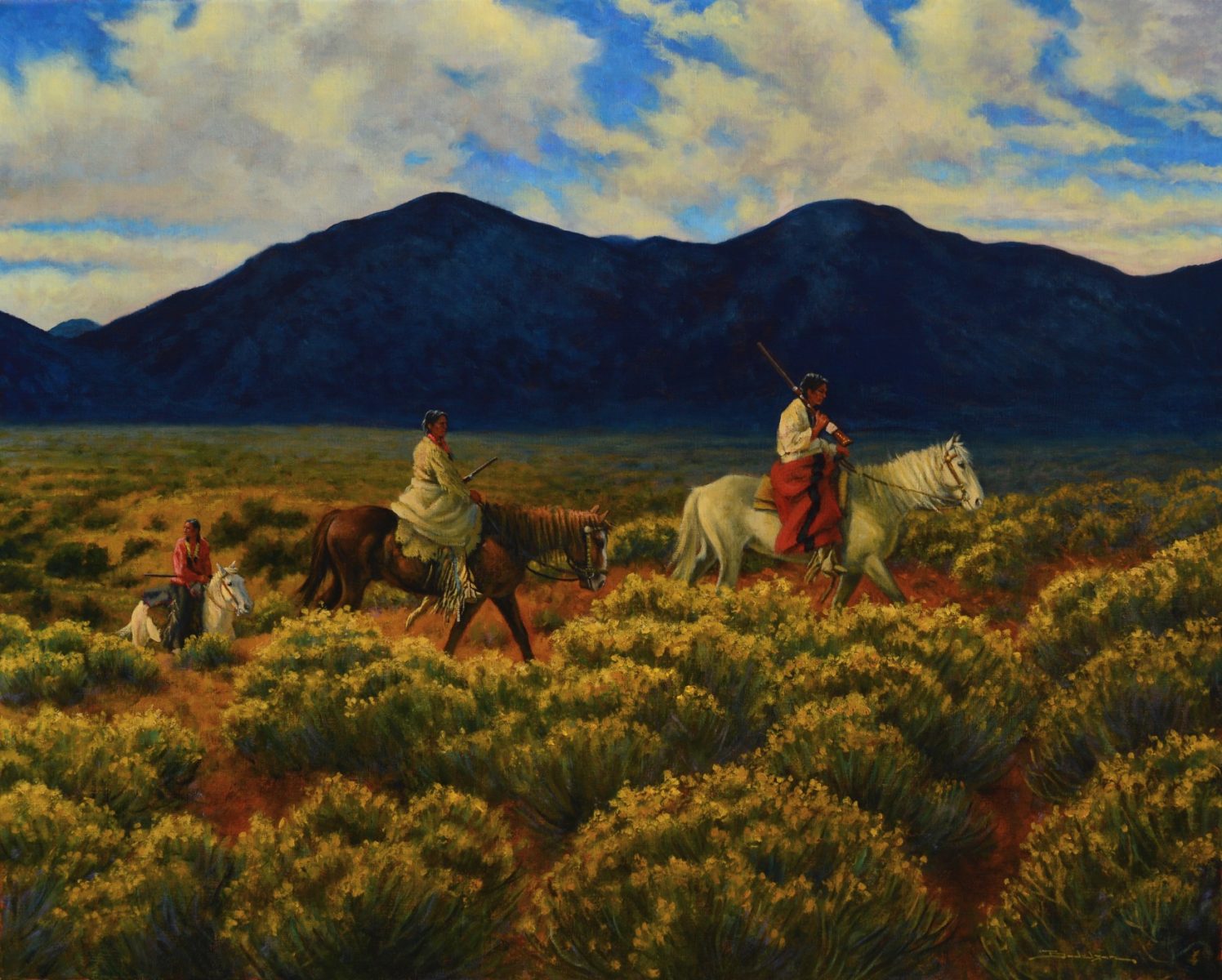 Western landscape with two Native Americans on horseback by Dan Bodelson