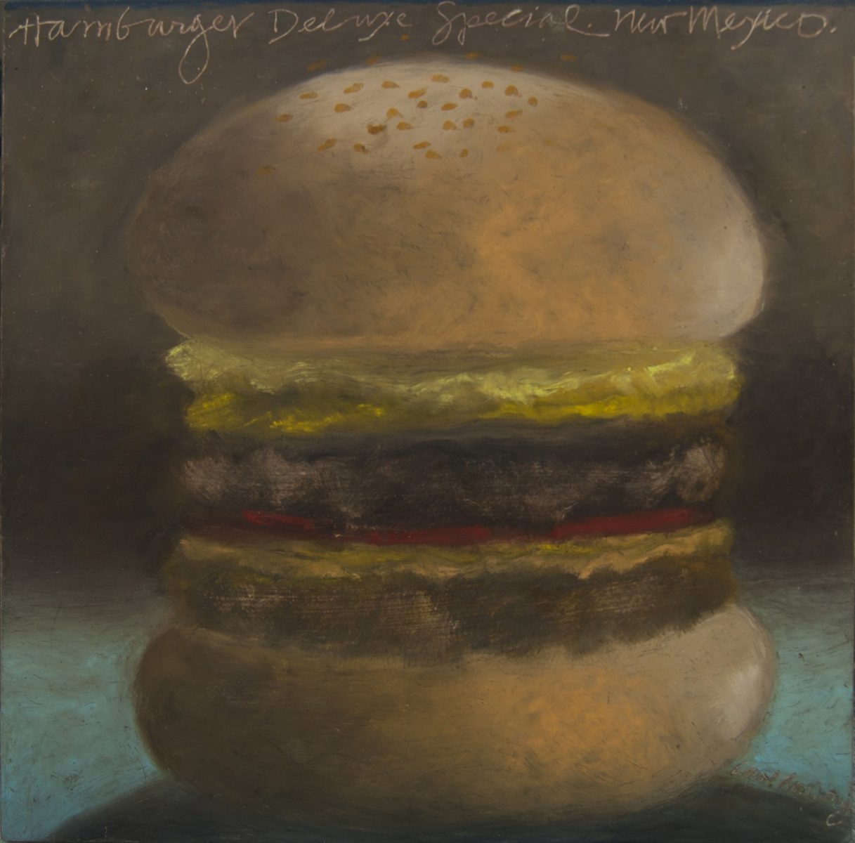 Oil pastel painting of cheeseburger by Carol Anthony