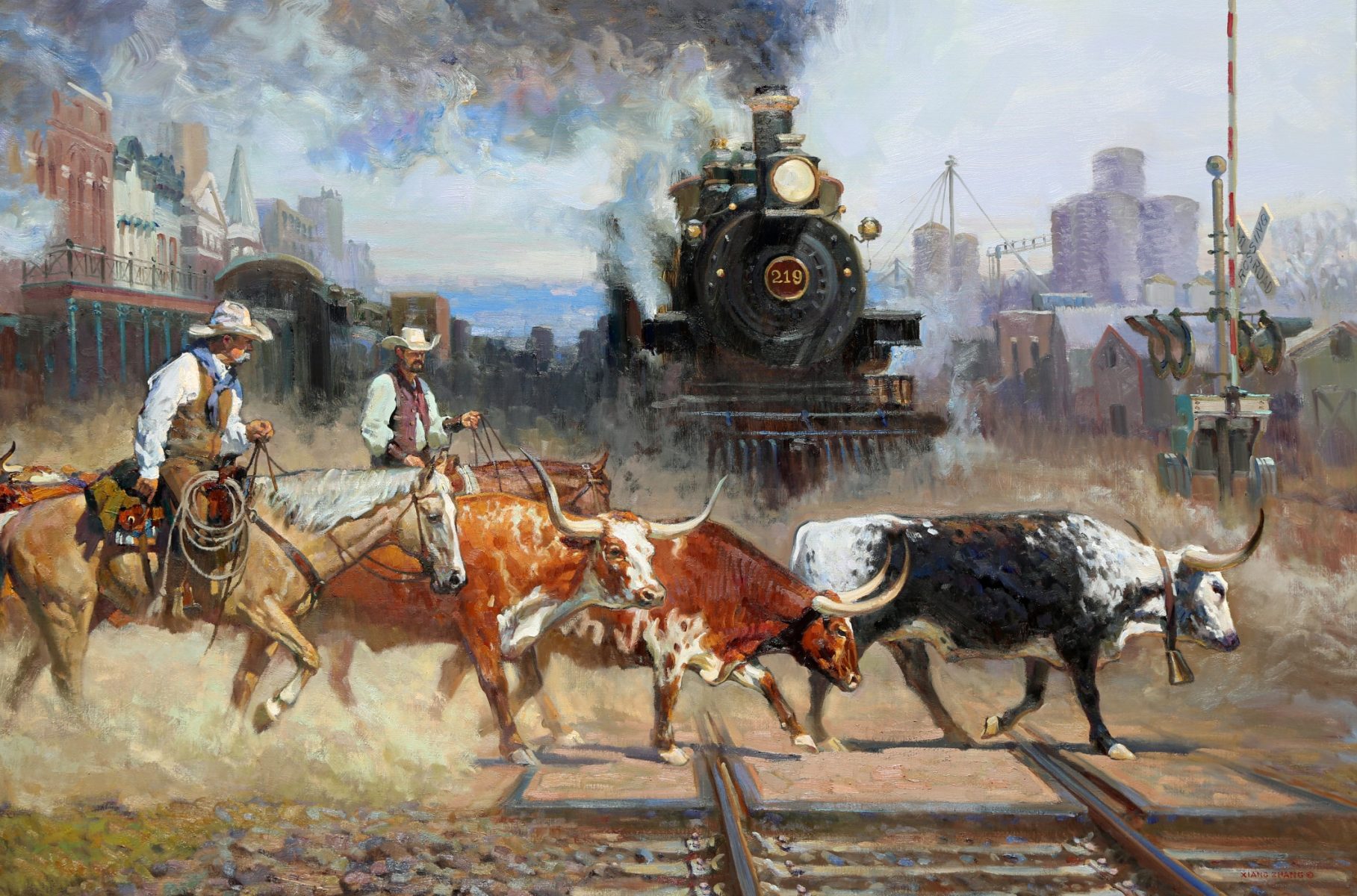 Western impressionist painting of cattle drive crossing in front of large train by Xiang Zhang