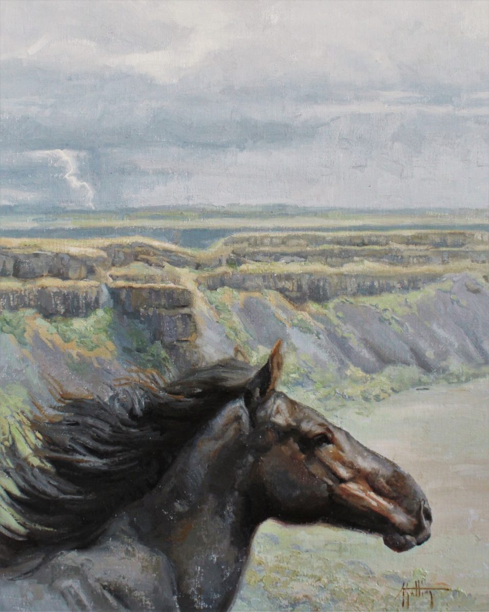 Oil painting of horse with lighting in the background by Abigail Gutting