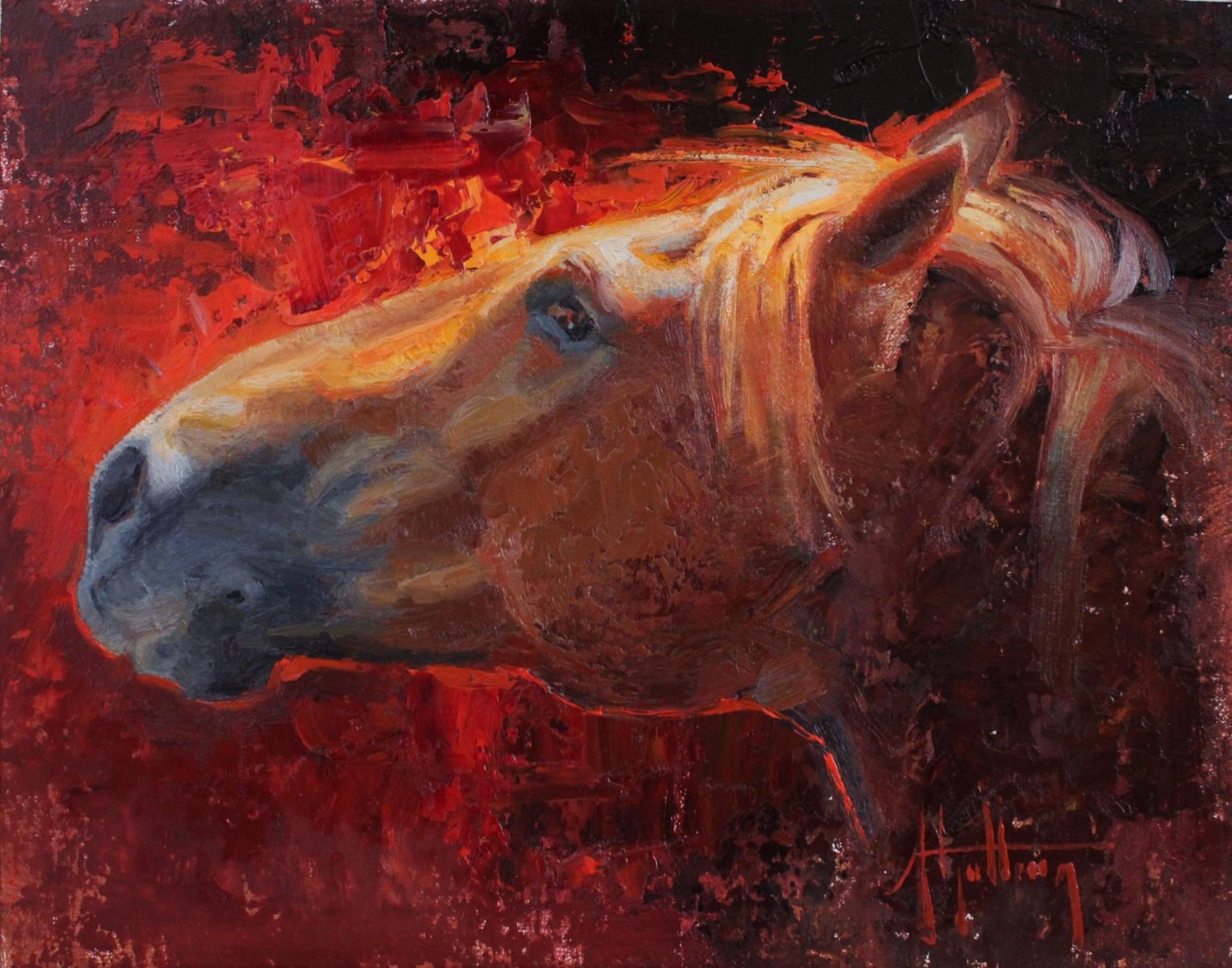 Oil Painting of horse profile with red background by Abigail Gutting