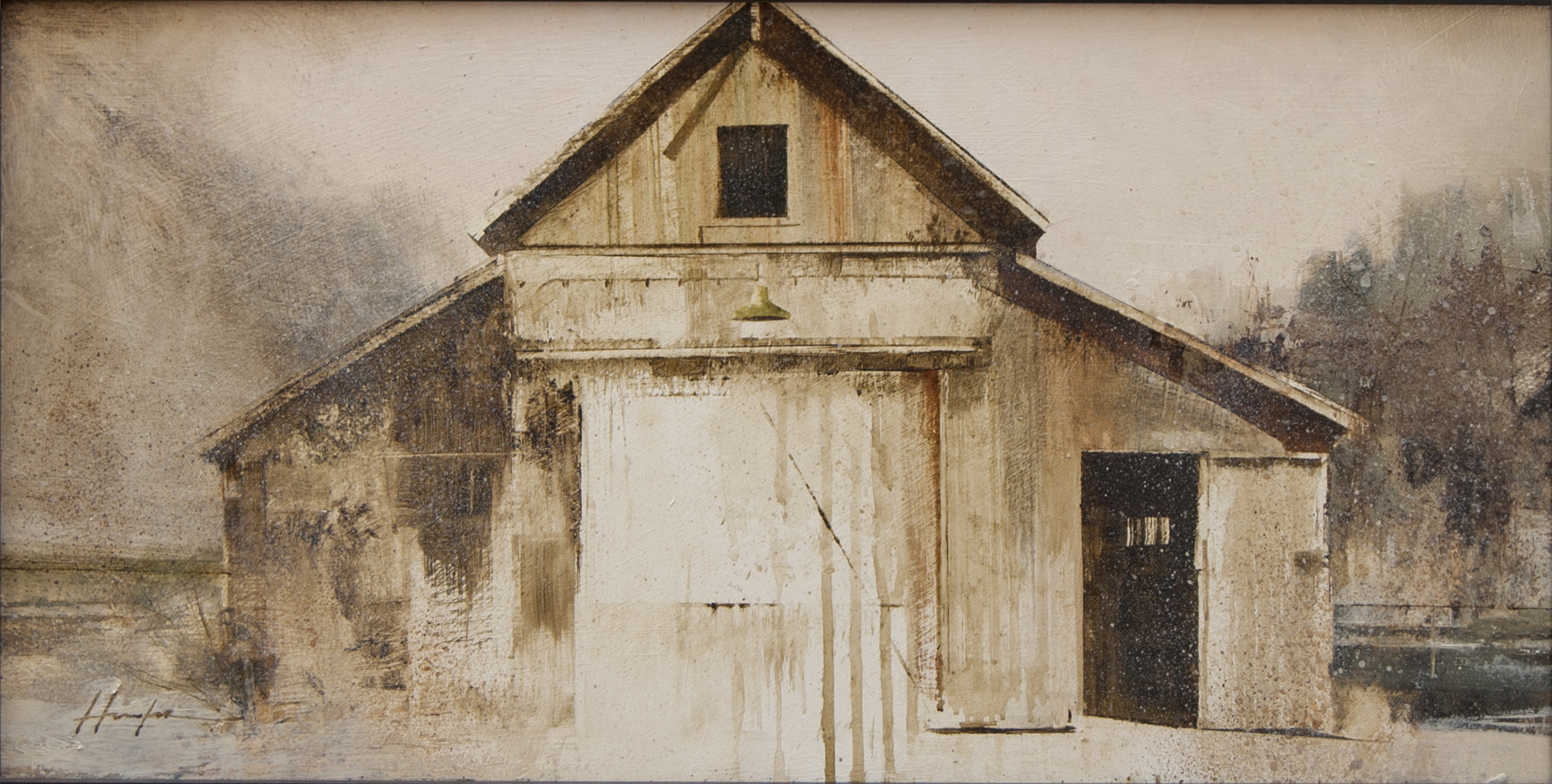 Oil painting of a white barn by Charlie Hunter