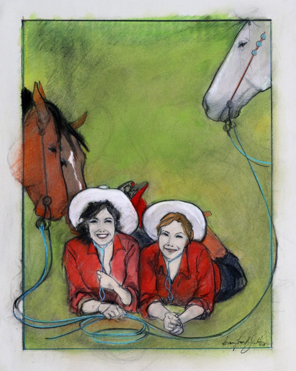 Painting of two cowgirls laying in the grass by Donna Howell-Sickles