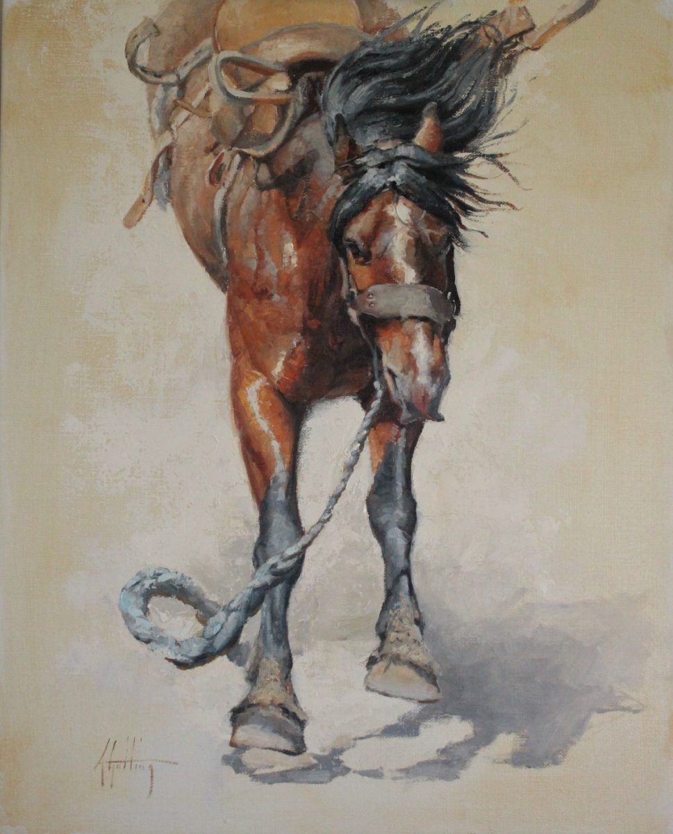 Oil painting of horse on front legs by Abigail Gutting