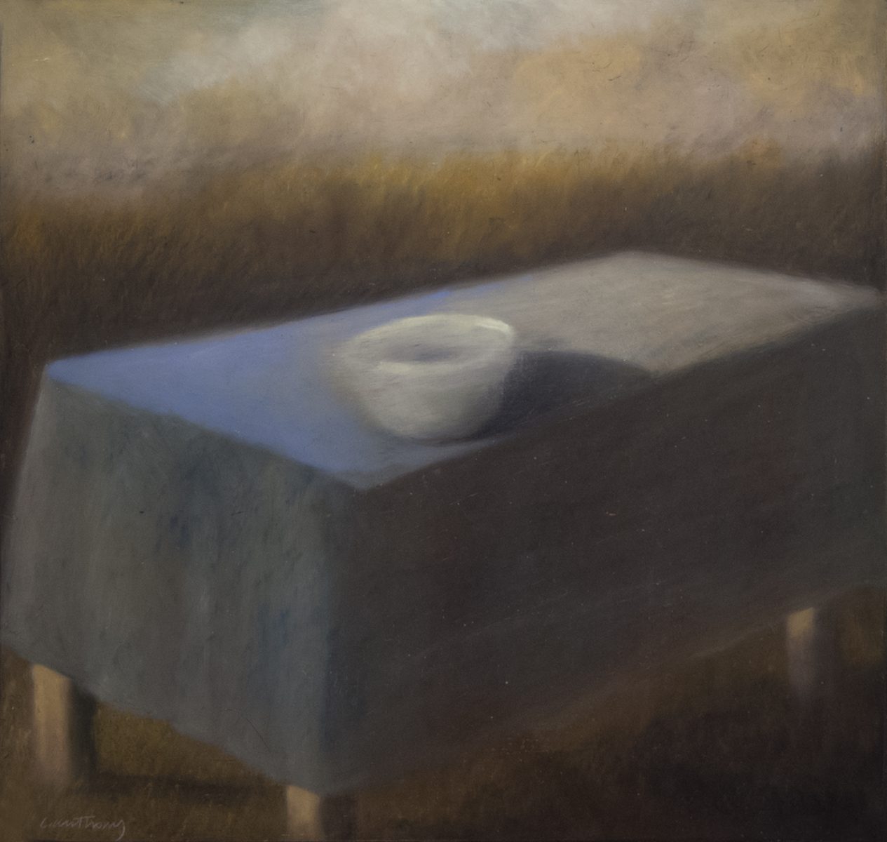 Oil pastel of table with blue cloth and empty bowl.
