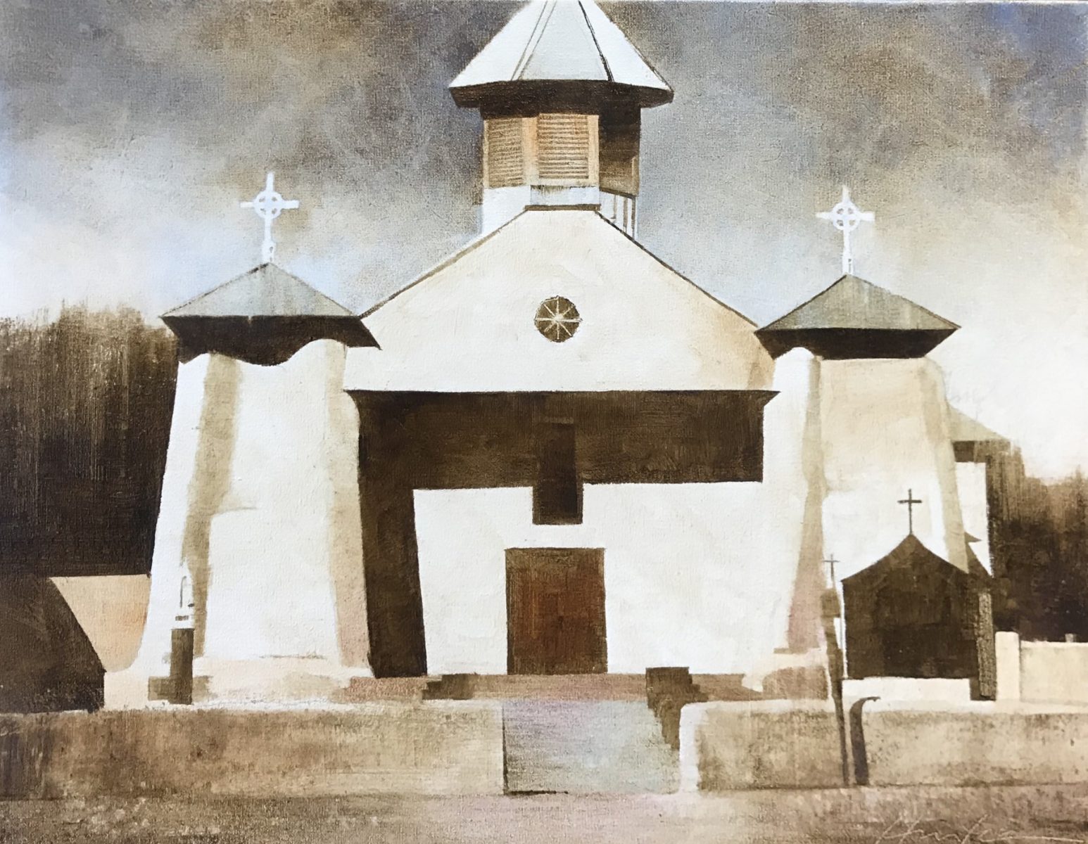 Oil painting of New Mexican church by Charlie Hunter
