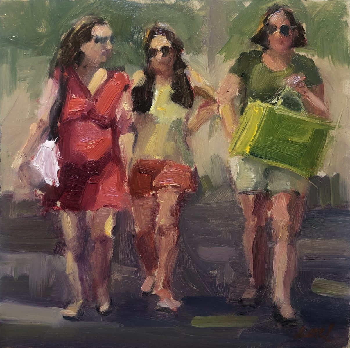 Oil painting of people walking by Lael Weyenberg