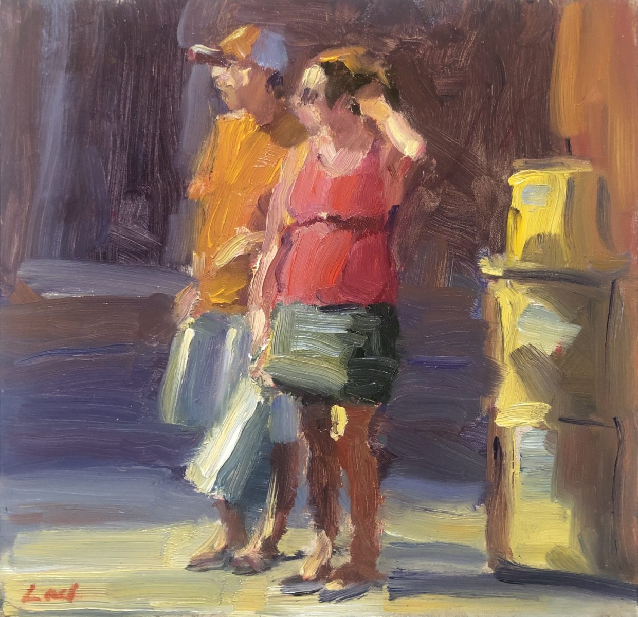 Oil painting of people walking by Lael Weyenberg