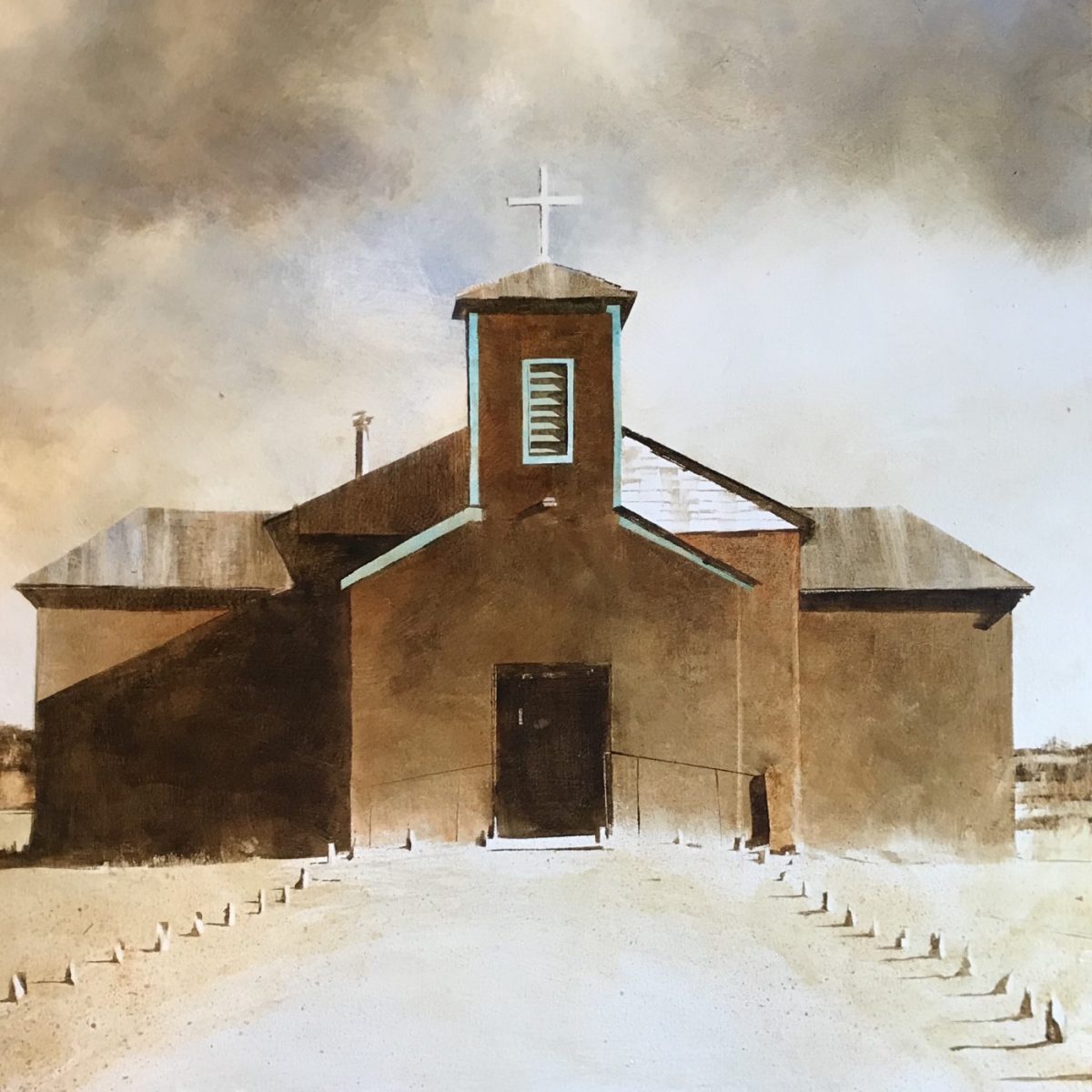 Oil painting of old church by Charlie Hunter