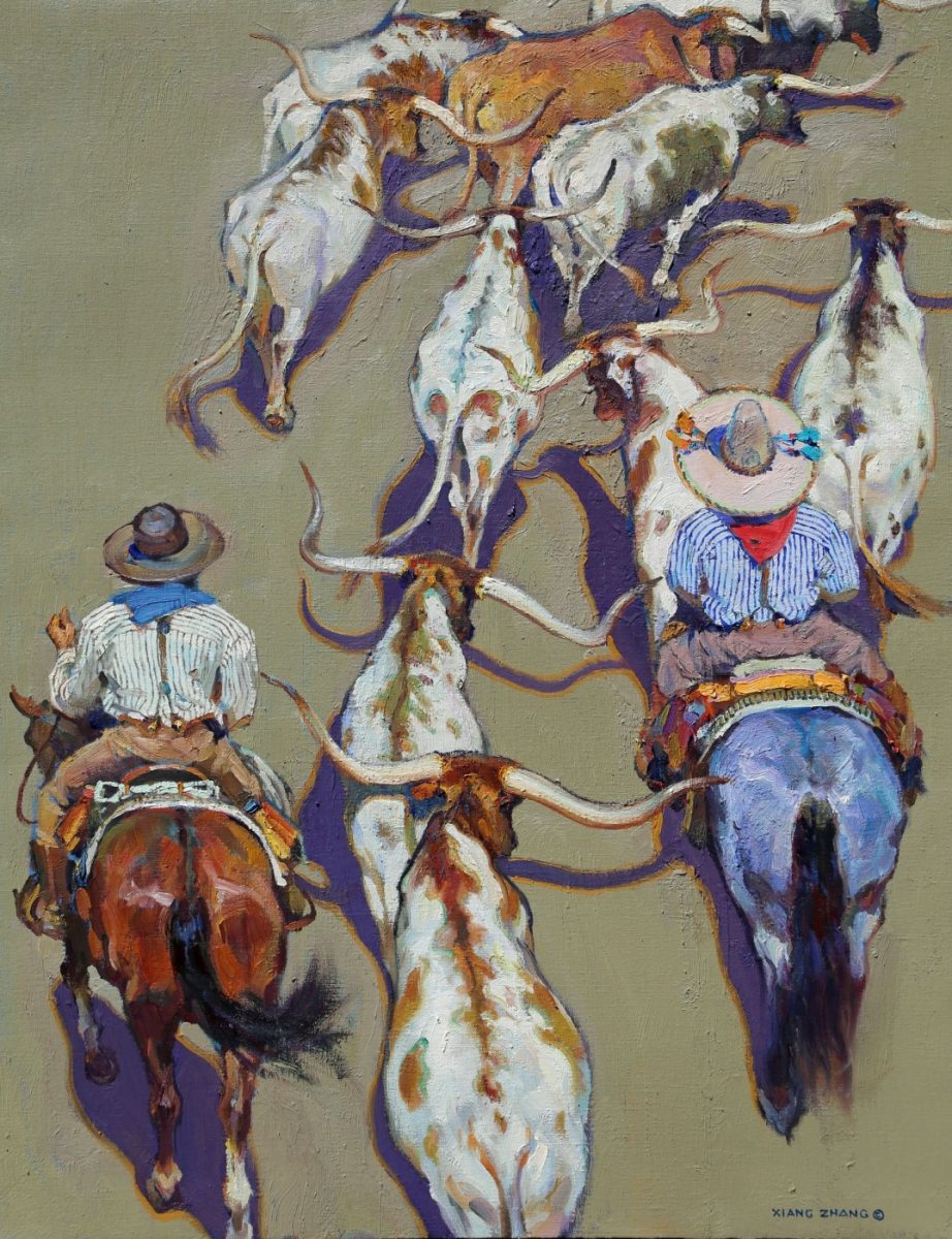 Painting of a bird's eye view of cattle drive by Xiang Zhang
