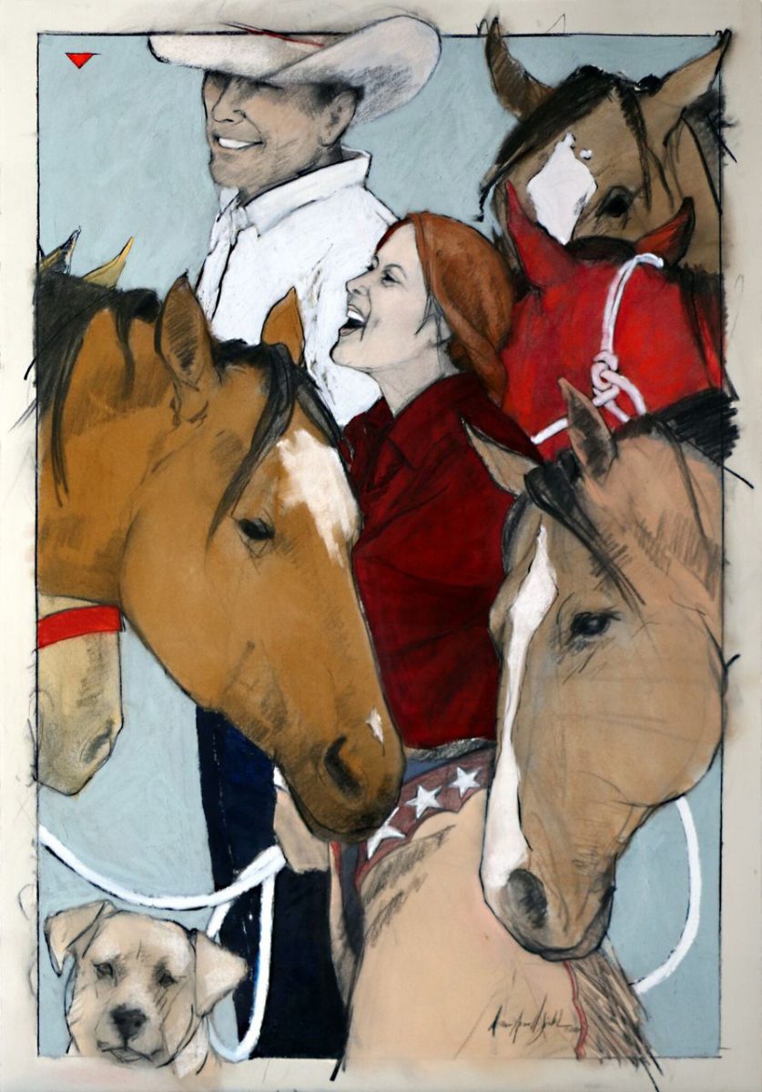 Mixed Media painting of a woman and man near horses by Donna Howell-Sickles