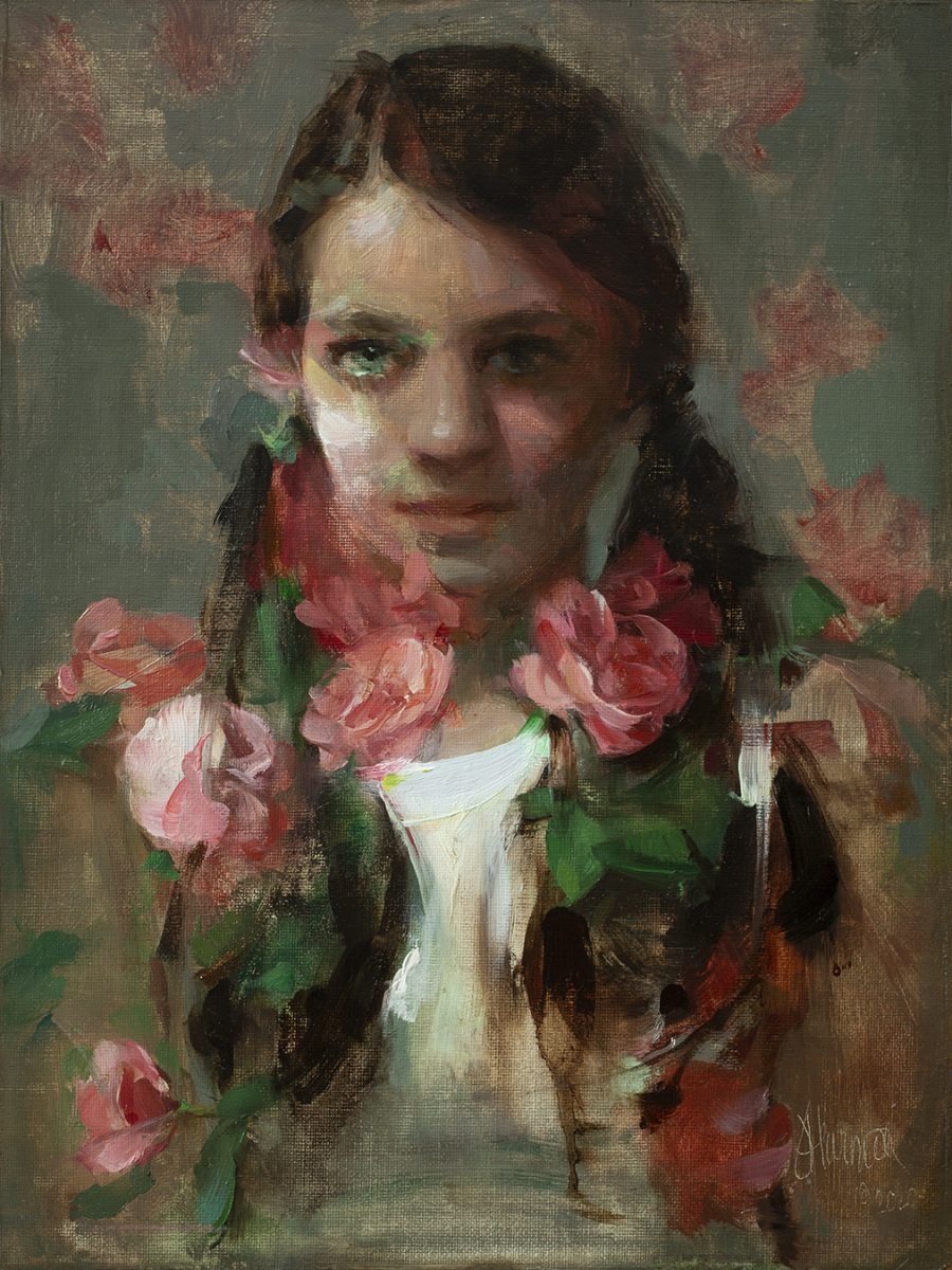 Portrait of young girl with flowers in front by Johanna Harmon