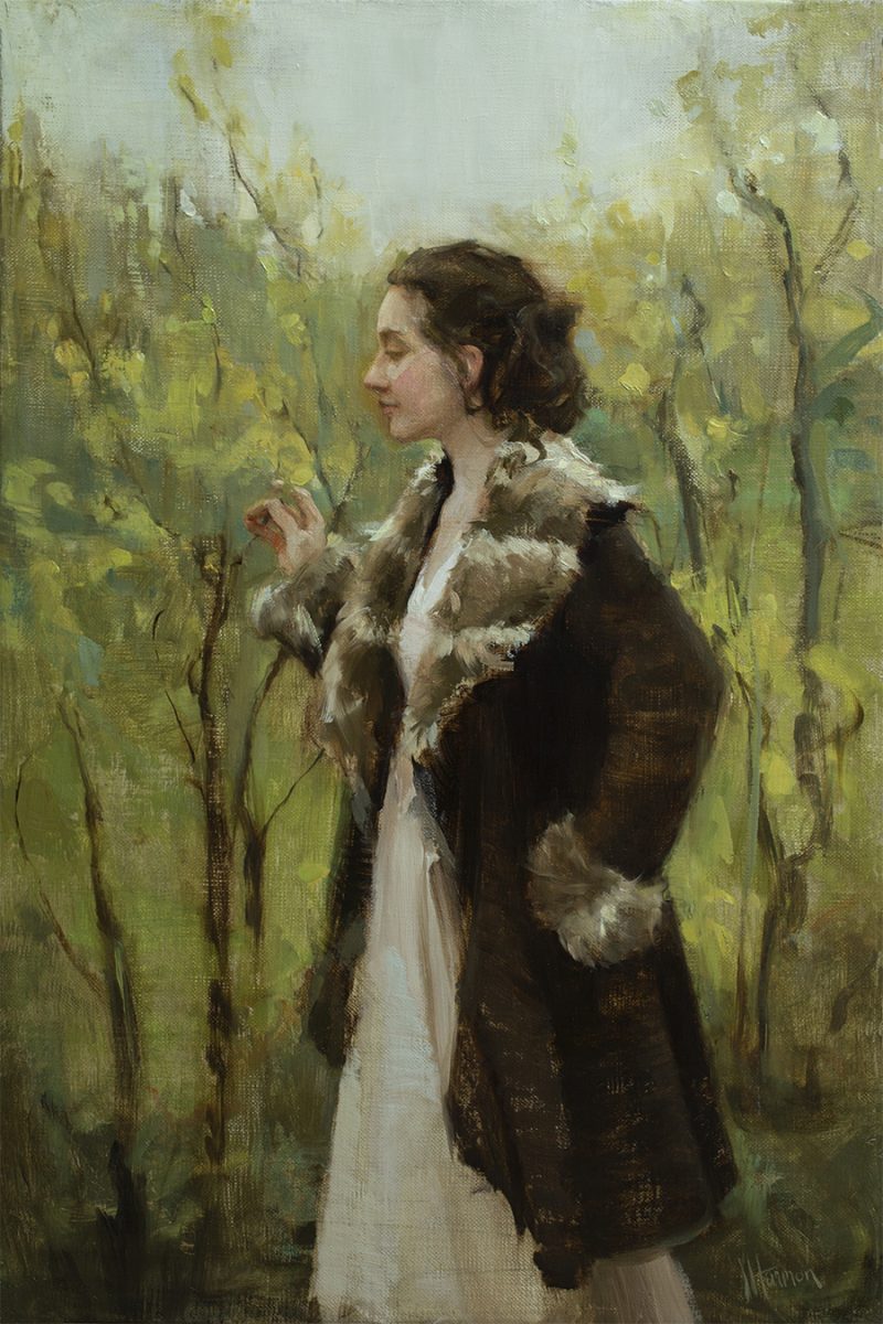 Portrait of woman in brown coat by Johanna Harmon
