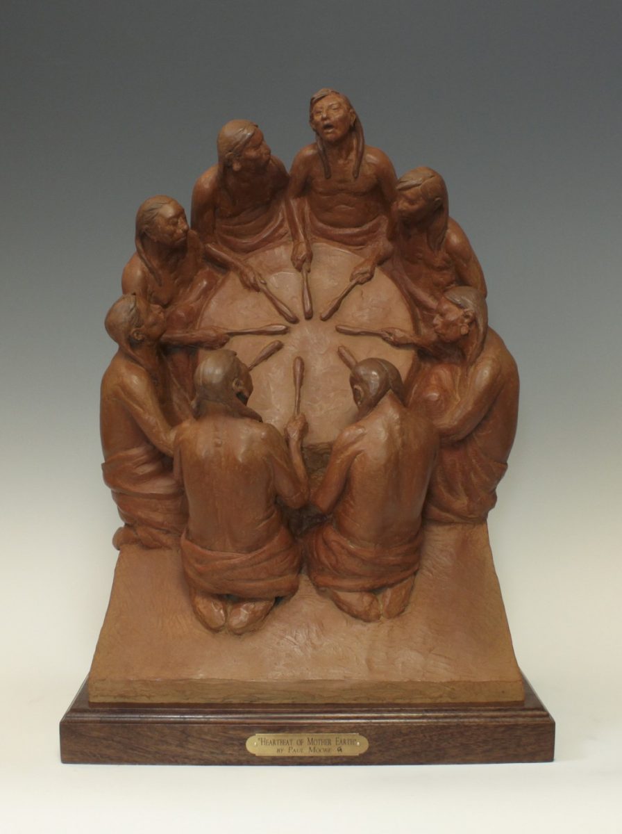 Bronze sculpture of Native American drum circle by Paul Moore