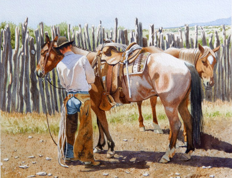 Watercolor painting of man and two horses in front of fence by Mark Kohler