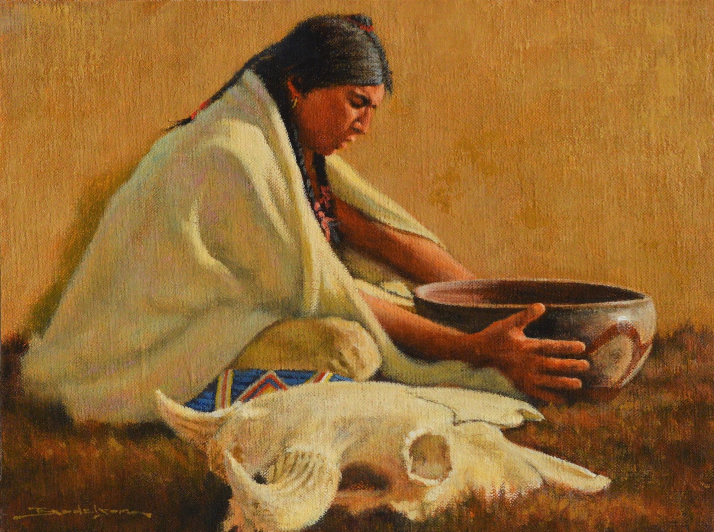 Native American holding pottery next to skull by Dan Bodelson