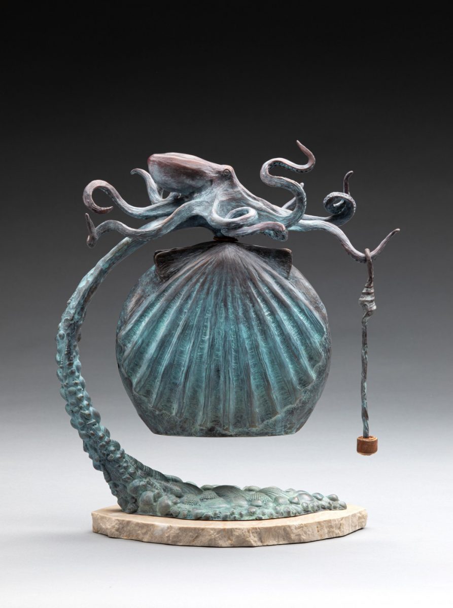 Bronze bell by J.G. Moore with shells and octopus