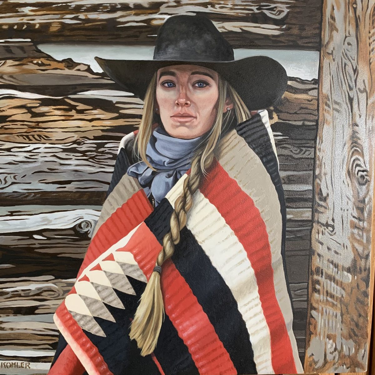 Oil painting of woman wrapped in blanket to keep warm by Mark Kohler