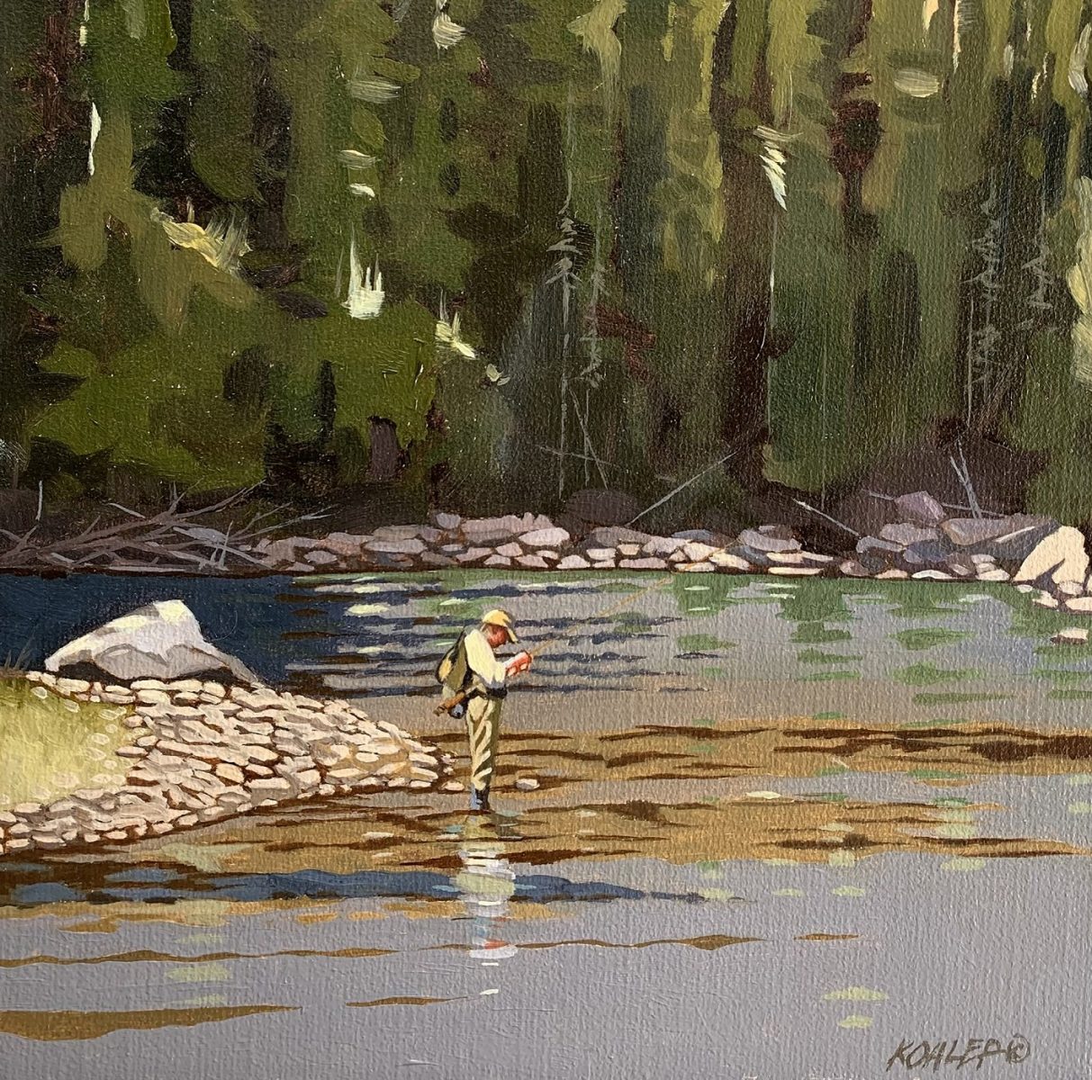 Watercolor of man fishing in creek by Mark Kohler