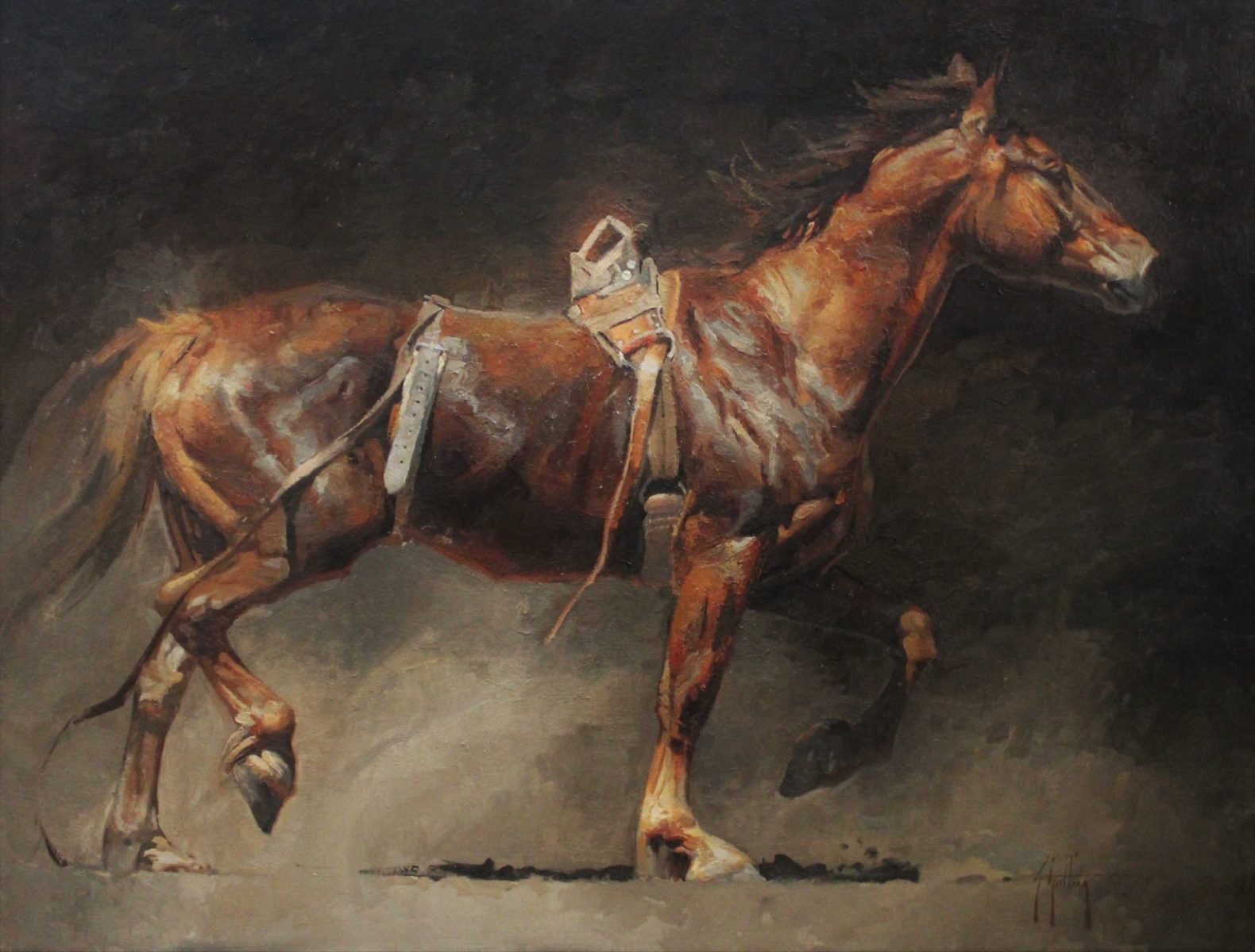 Oil painting of a trotting brown horse by Abigail Gutting