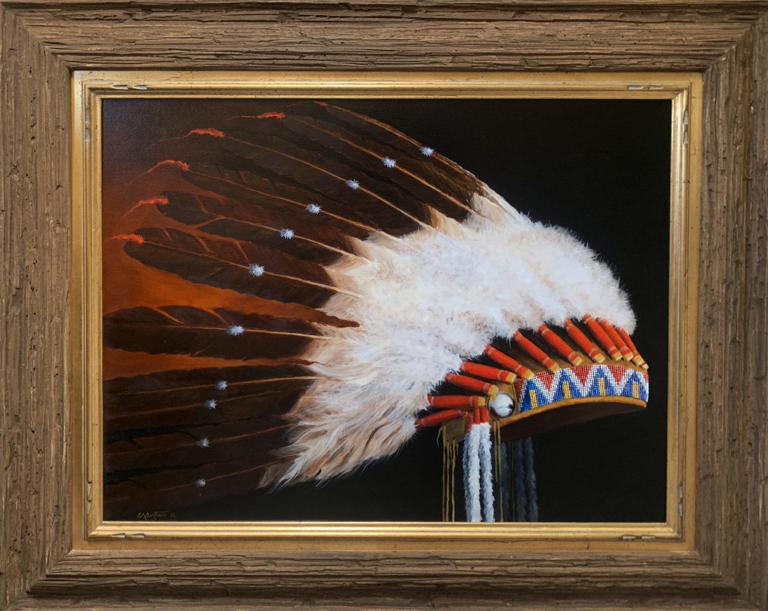 Oil painting of Native American Headdress by Chuck Sabatino