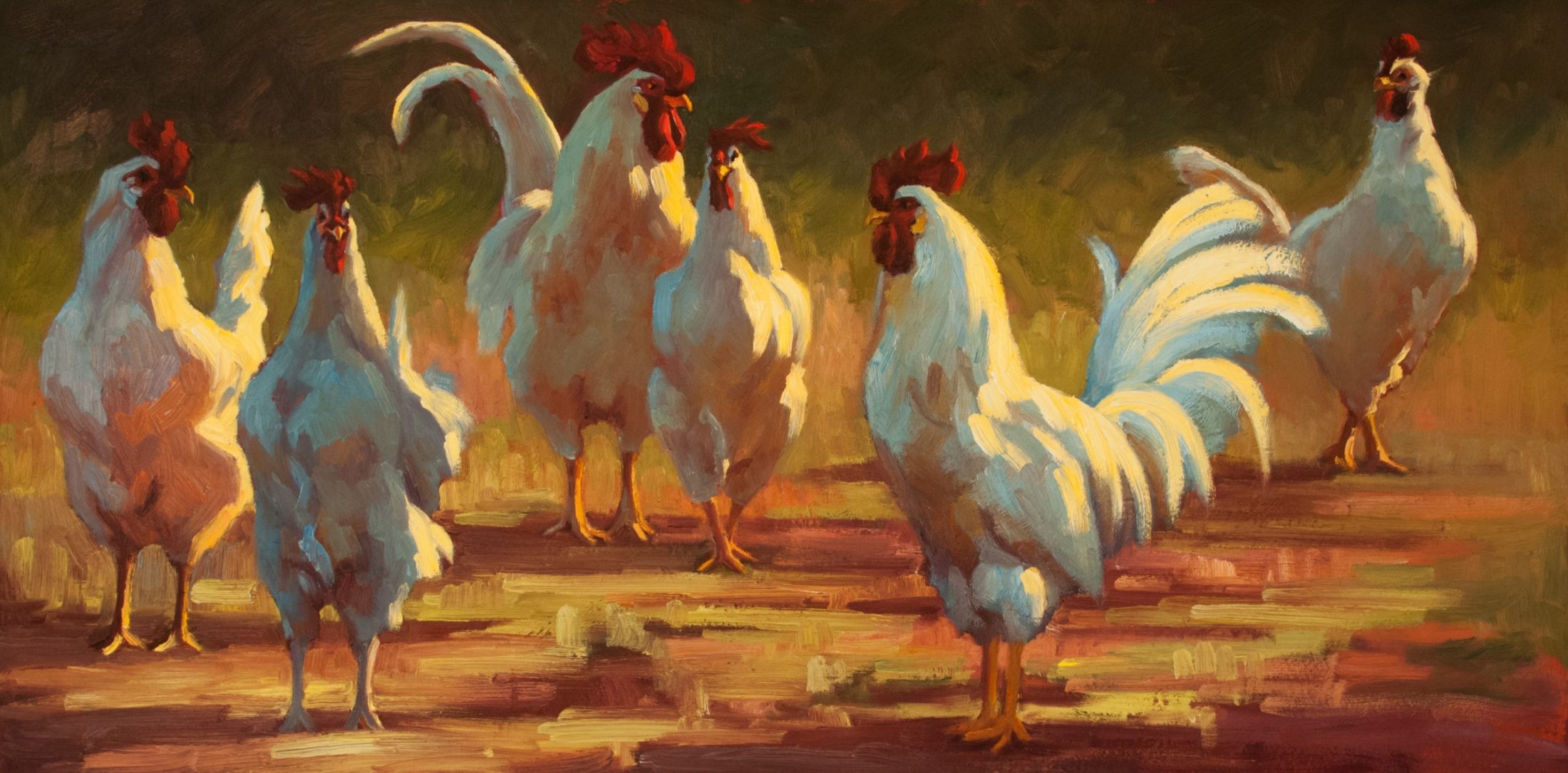 Oil painting of roosters by Cheri Christensen