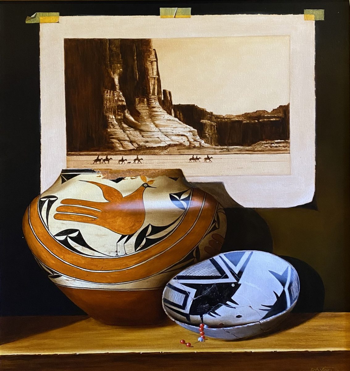 Oil painting of old photograph and native american pottery by Chuck Sabatino