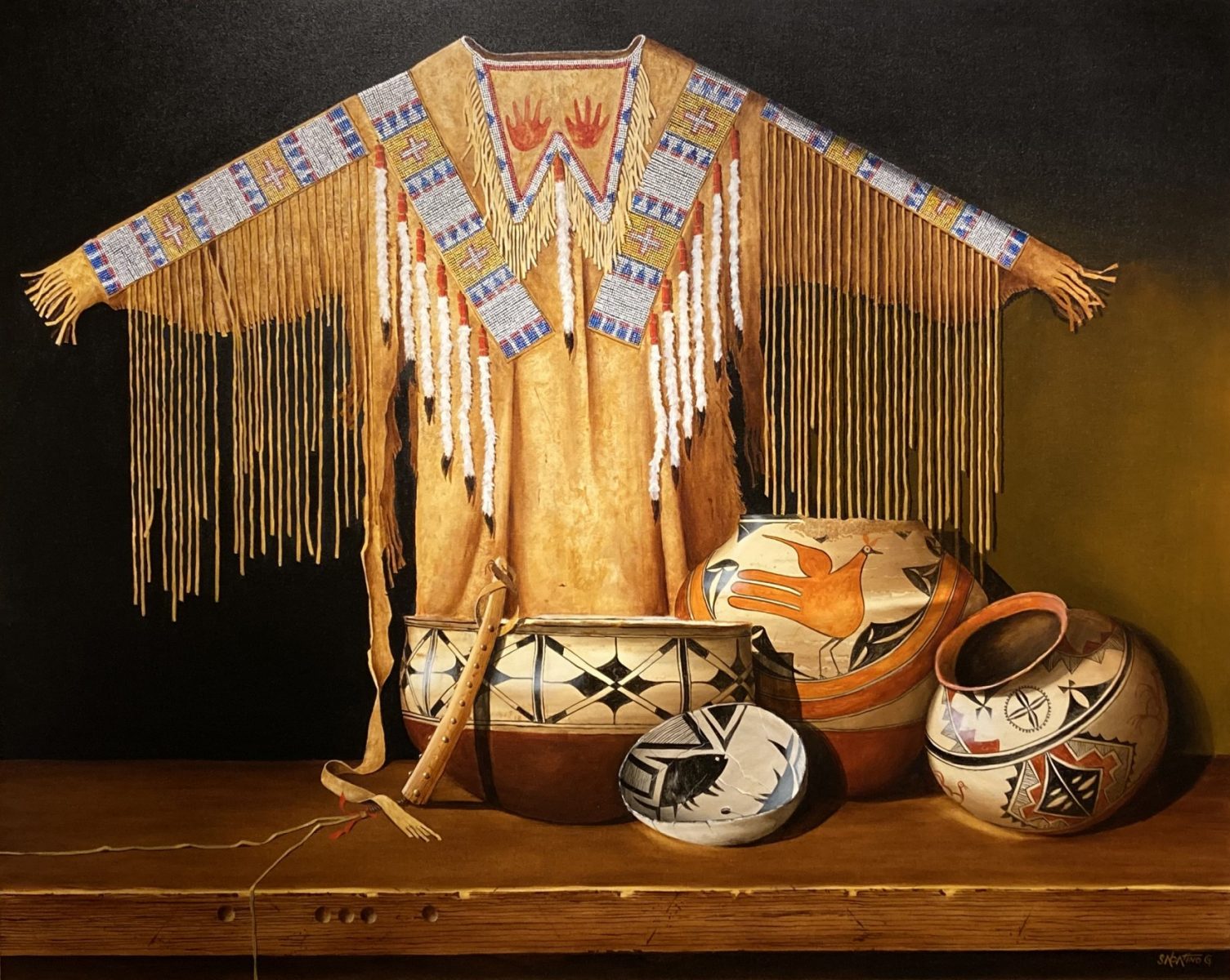 Oil painting of Native American War shirt and pottery by Chuck Sabatino