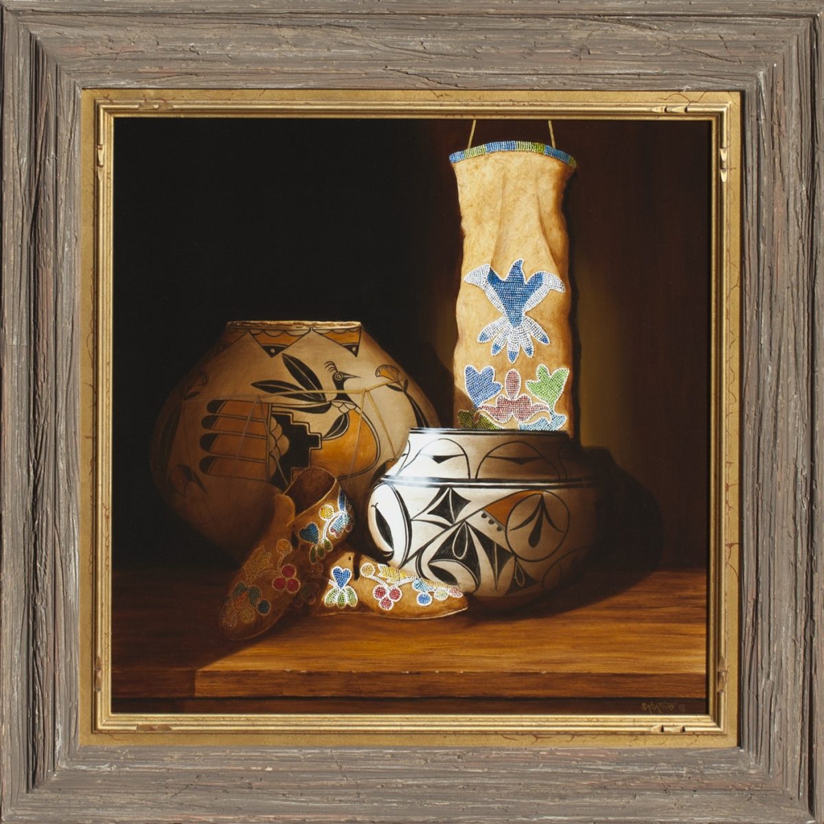 Oil painting of old photograph, tobacco bag and native american pottery by Chuck Sabatino