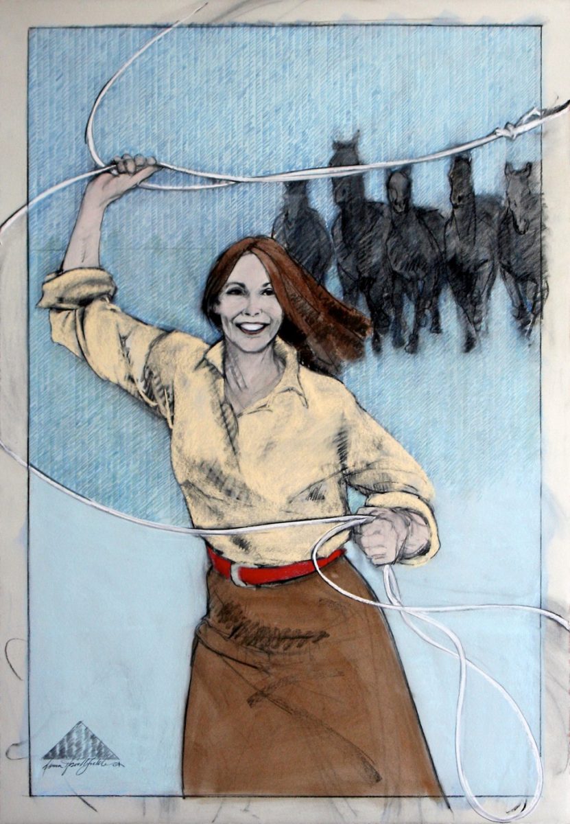 Mixed Media painting of a woman with lasso and horses by Donna Howell-Sickles