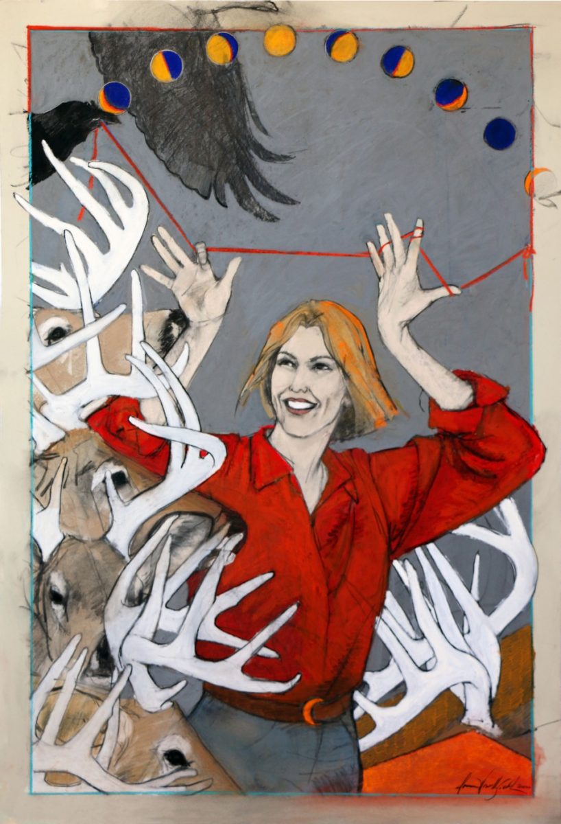 Mixed media painting of woman and antlers by Donna Howell-Sickles